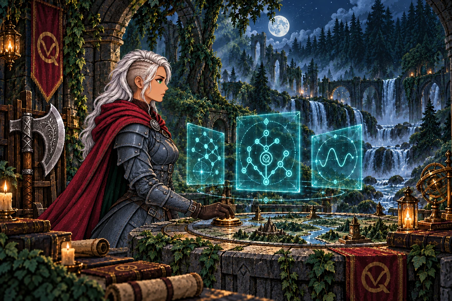 Snow-white-haired Chan studies magical strategy diagrams in a forest observatory. Promotional concept scene.