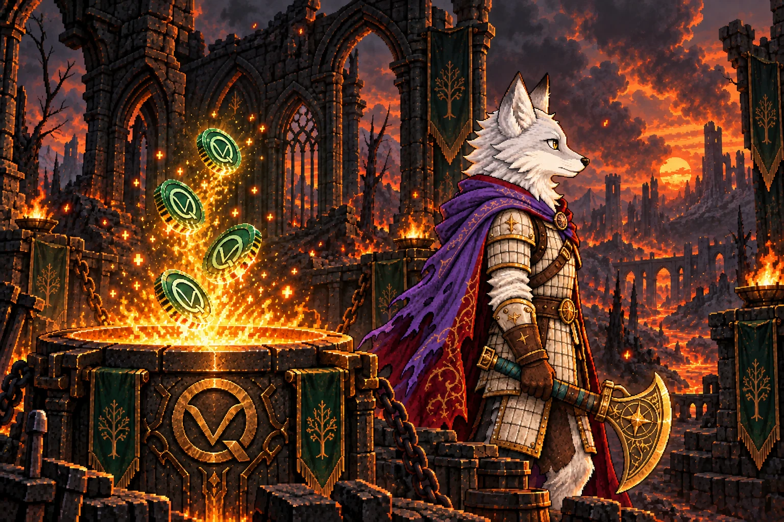 Emerald Quivra tokens dissolve into sparks above a golden forge.