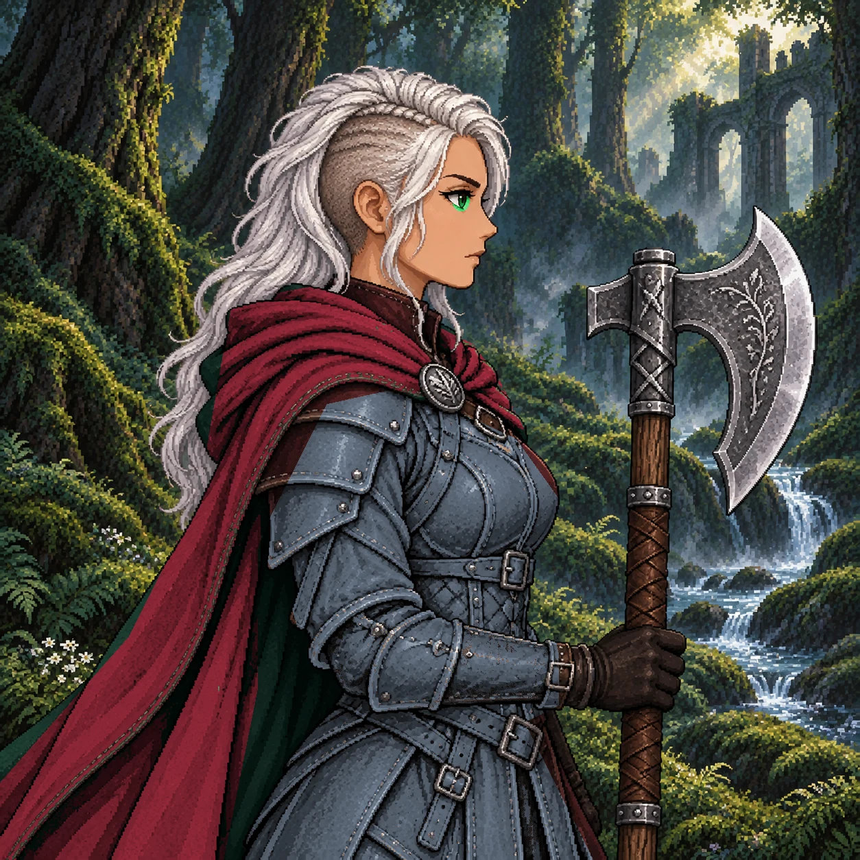 Snow-white-haired adult Chan with emerald eyes, crimson cape and steel axe.
