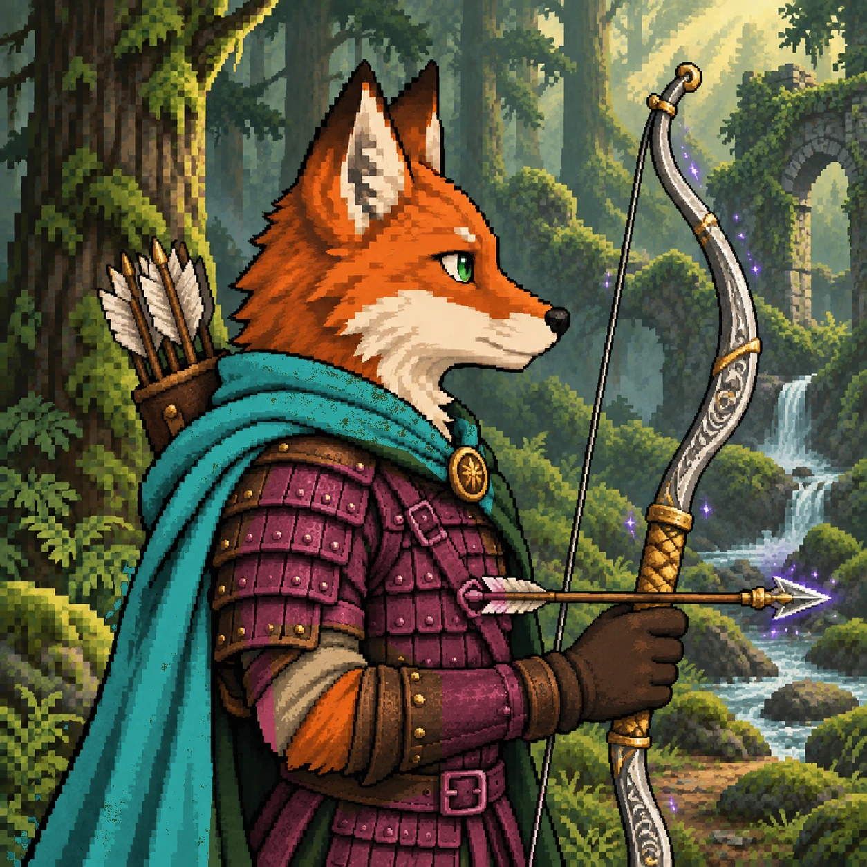 Red fox with emerald eyes, a spectral-teal cape and steel bow.