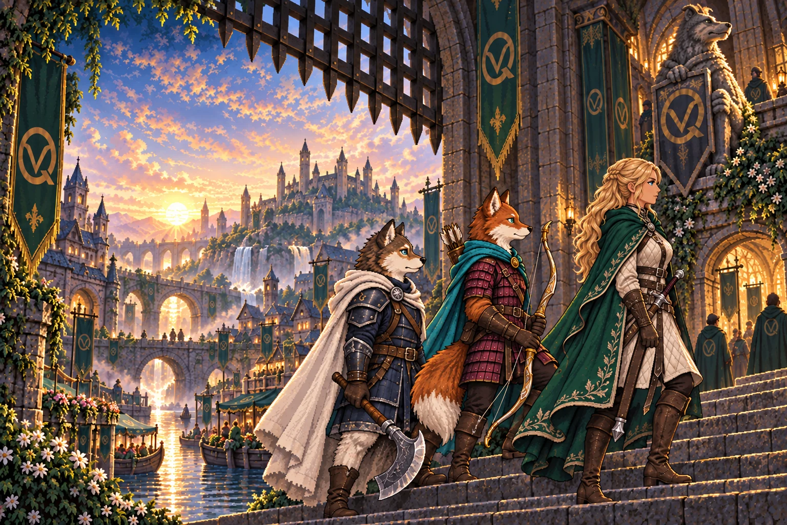 Fox, Inu and Chan companions gather at the guild gates above a canal city at dawn.