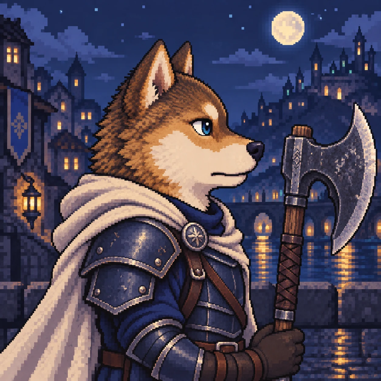 Sesame Inu with blue eyes, ivory cape and iron axe.